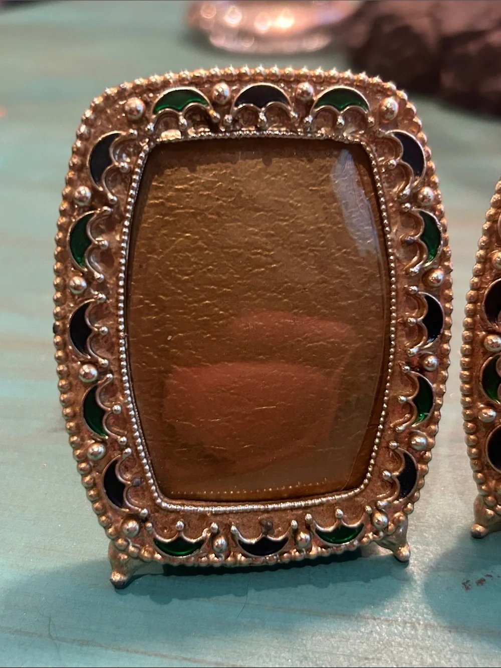 Vintage Ornate Gold Tone Mini Picture Frames with Green/Navy Enamel Accents